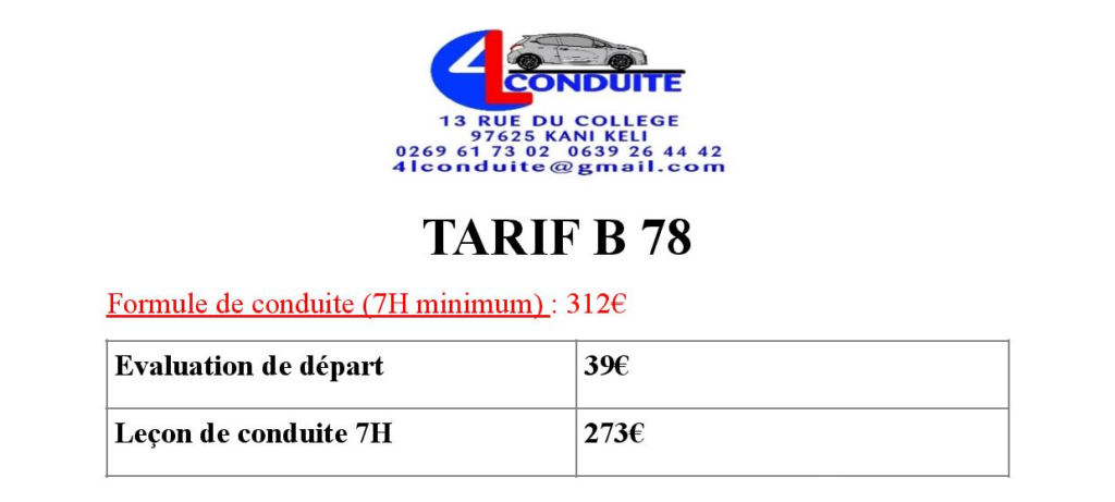 Tarifs Permis B78 - Auto école 4LConduite