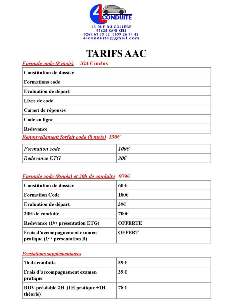 Tarifs AAC Auto école 4LConduite